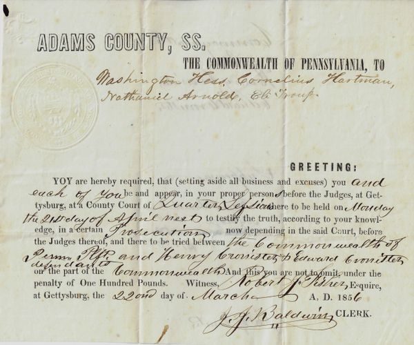 1856 Gettysburg, Adams County Court Subpoena