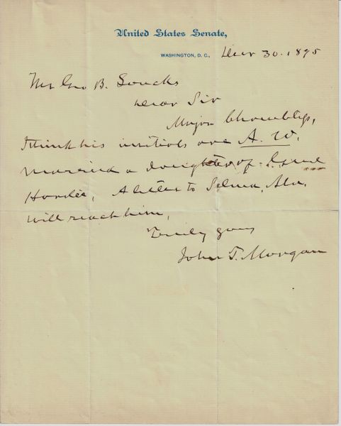 John T. Morgan ALS on United States Senate Letterhead Dated December 30, 1895