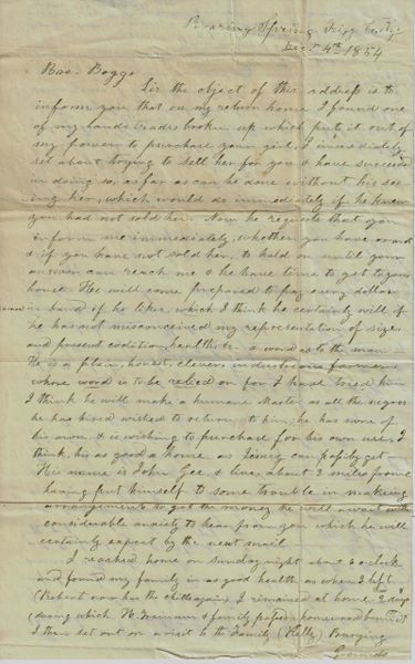 Sale of Enslaved Girl Roaring Springs Kentucky, 1854 "Humane Master" / SOLD