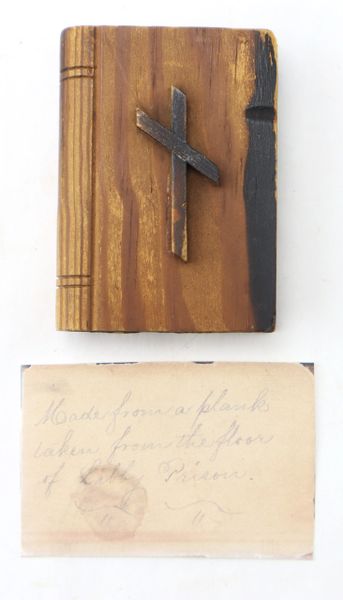 Carved Wooden Bible made from a Section of Floor from the prisoner of war camp “Libby Prison” / SOLD