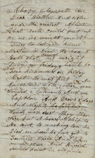 July 20, 1862 Letter, Death of Soldier