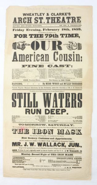 Broadside for "Our American Cousin" - 1859 Broadside for the Play Lincoln Attended while Assassination
