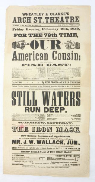 Broadside for "Our American Cousin" - 1859 Broadside for the Play Lincoln Attended while Assassination / SOLD