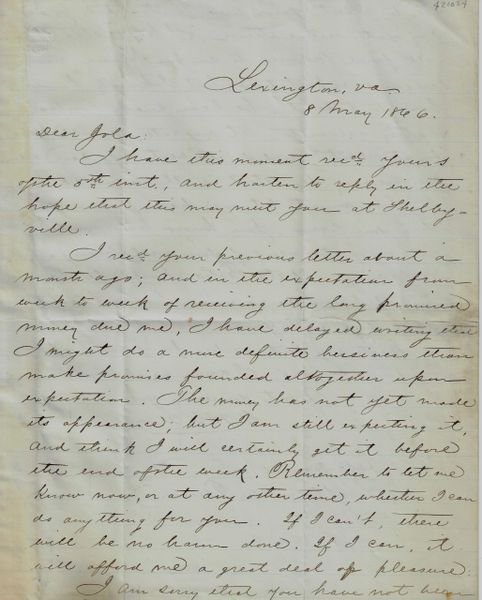 May 8, 1866 Letter Written By Confederate General George W.C. Lee (1832-1913)