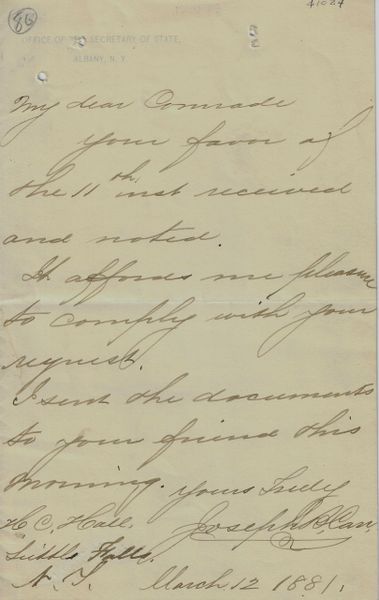 March 12, 1881, letter written by Union General Jospeh B. Carr (1828-1895)