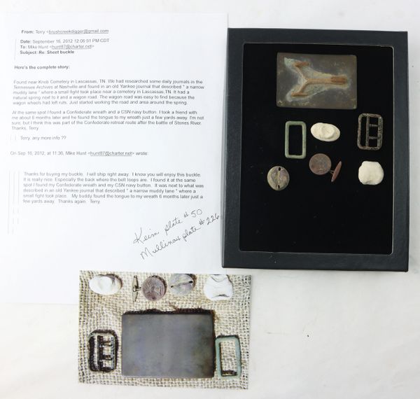 Wonderful Confederate Sheet Panel Belt Plate and Additional Relics Recovered Near Knob Cemetery in Lascassas, TN / SOLD