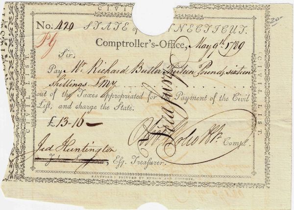 1789 Connecticut Comptroller’s Office Treasury Note Signed by Secretary of State Jed Huntington