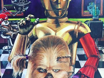 Painting of C3PO butchering Chewys hair