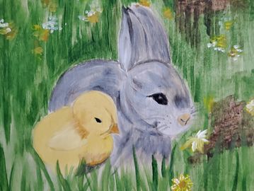 Cuteness for Angel. Best Friends. Bunny and chick playing in a field. Print 8.5" x 11" / 22 x 28 cm