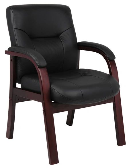 Boss Chair - Black With Mahogany Wood Top Grain Leather Guest Chair B8909