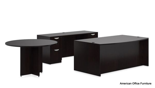 Bowfront Desk with (2)BBF Pedestals, Credenza with (2)FF Pedestals & 48" Round Conference Table - OTG - AOF