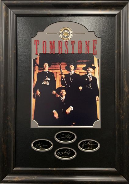 TOMBSTONE FRAMED PHOTO WITH ENGRAVED REPLICA AUTOGRAPHS