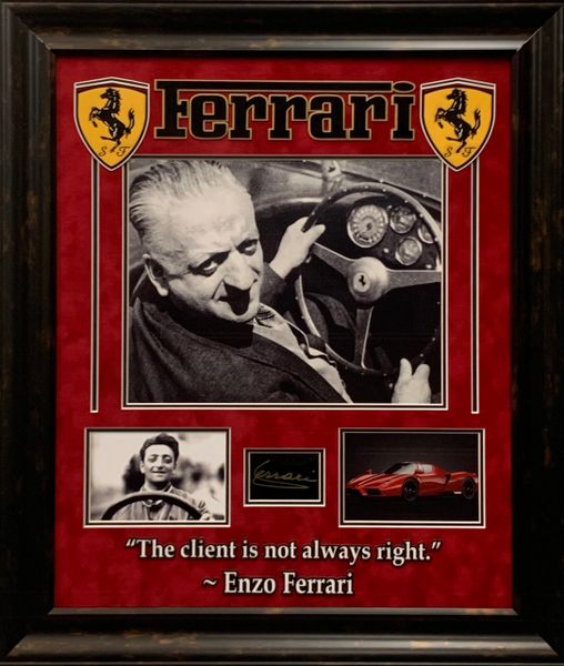 ENZO FERRARI FRAMED COLLAGE WITH ENGRAVED REPLICA AUTOGRAPH