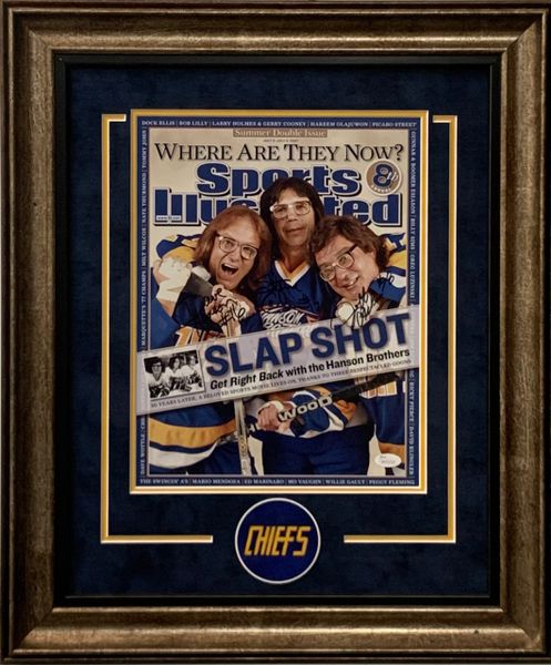 HANSON BROTHERS "SLAPSHOT" SIGNED 11X14 PHOTO SI COVER