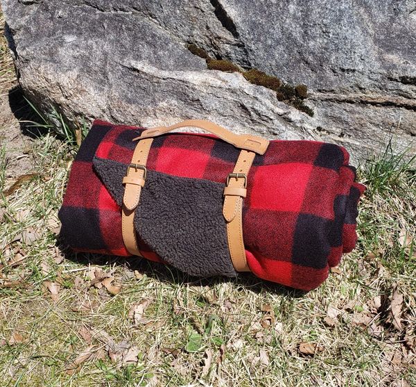 Wool Blanket Roll W/Leather Carrier Red Buffalo Plaid Sherpa backed