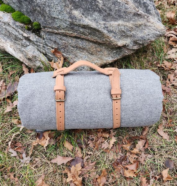 Wool Blanket Roll W/Leather Carrier Grey Tweed Thermal Pro Lined