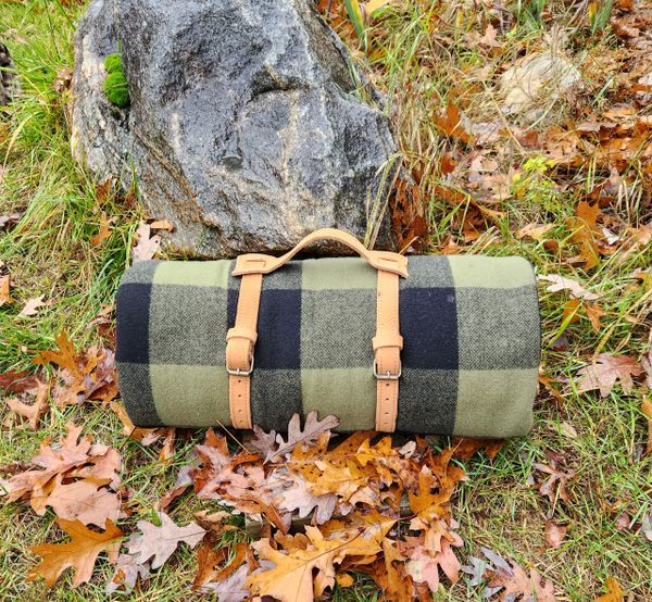 Wool Blanket Roll W/Leather Carrier Red Buffalo Plaid Sherpa backed