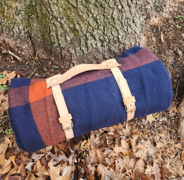 Navy Wool Blanket Roll W/ Leather Carry Strap