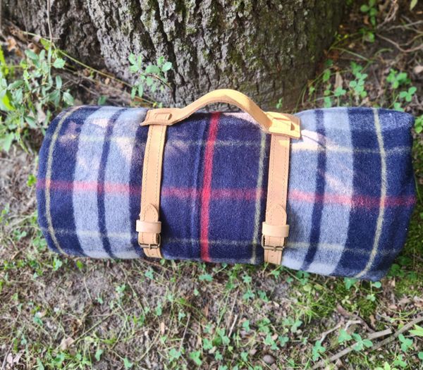Wool Blanket Roll W/Leather Carrier Blue Plaid Thermal Pro backed