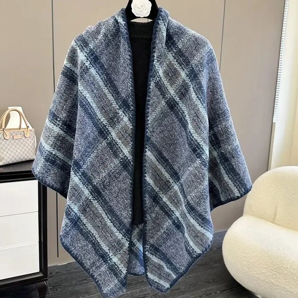 Cashmere Feel Triangle Shaw Plaid Blue