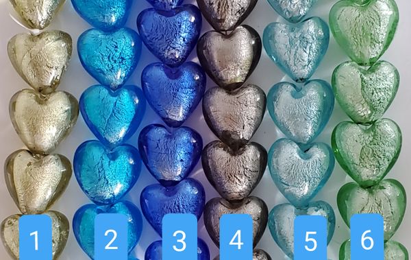 Silver Foil Puff Blue Glass Heart Beads, (19 x 20 mm) String of 6