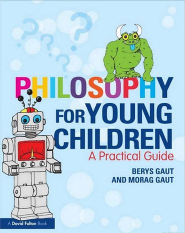 Book cover for "Philosophy for Young Children" with colorful text and cartoon characters.