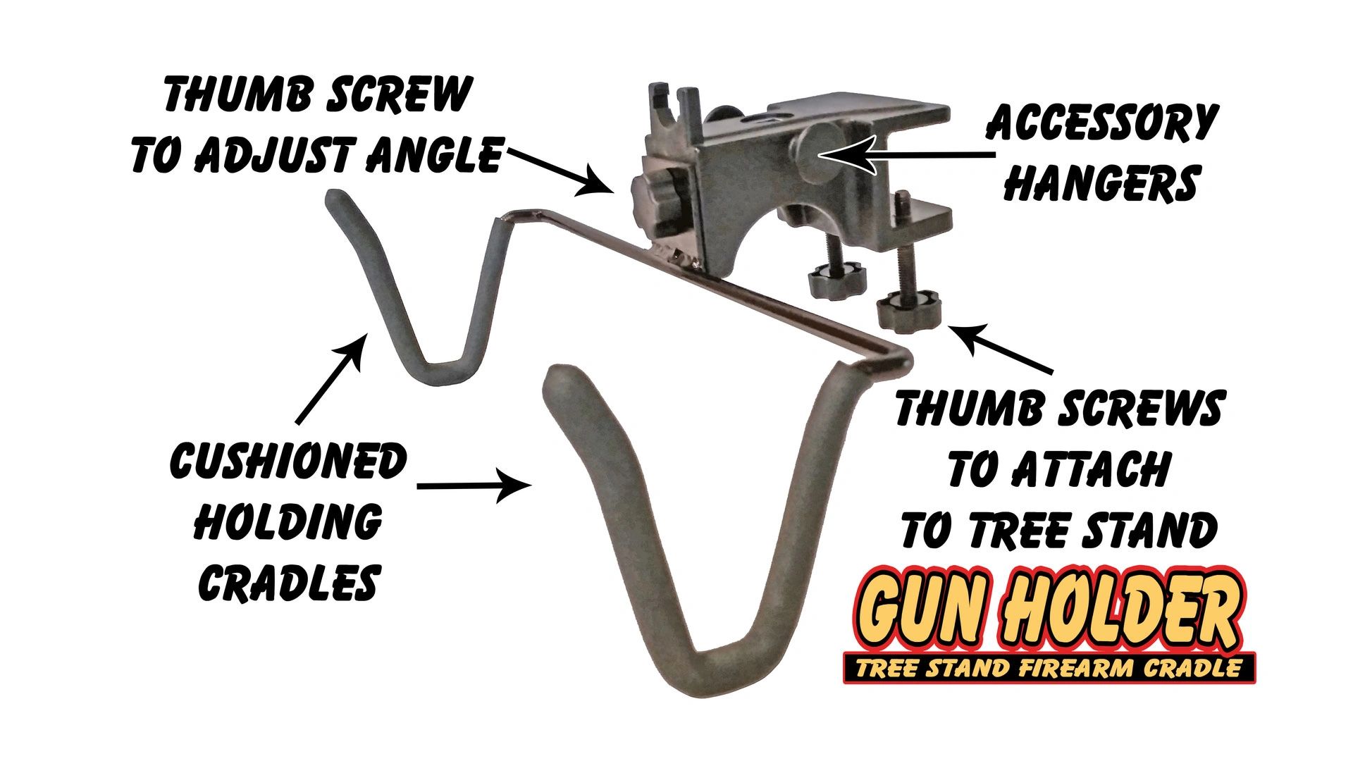 A Diagram of an adjustable Gun Holder for a tree stand that goes on and off with NO TOOLS
