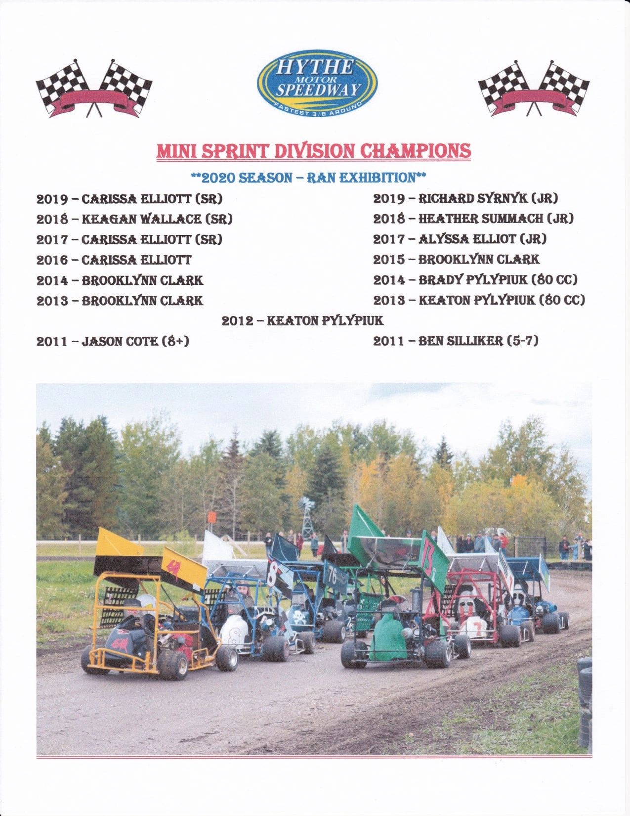 Mini sprint cars lined up on a dirt track at Hythe Motor Speedway.