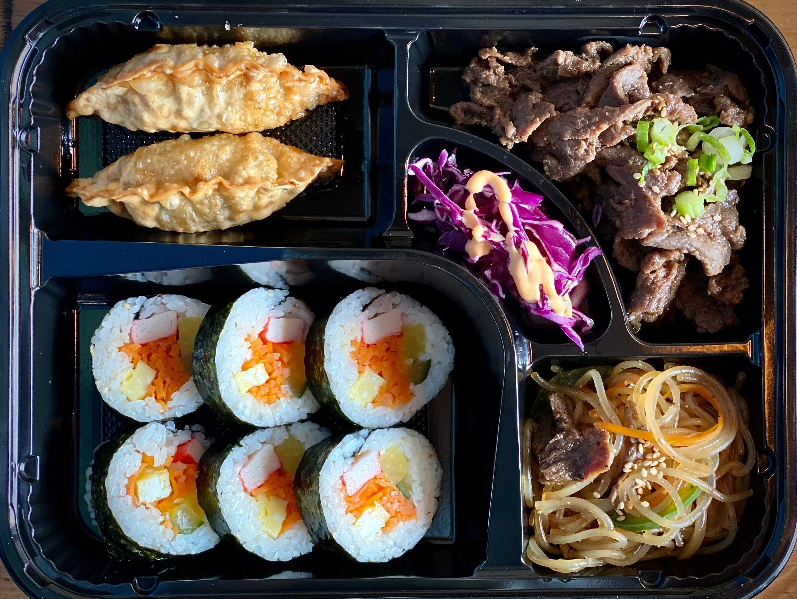 kimbap, glass noodle, bulgogi, mandu and salad