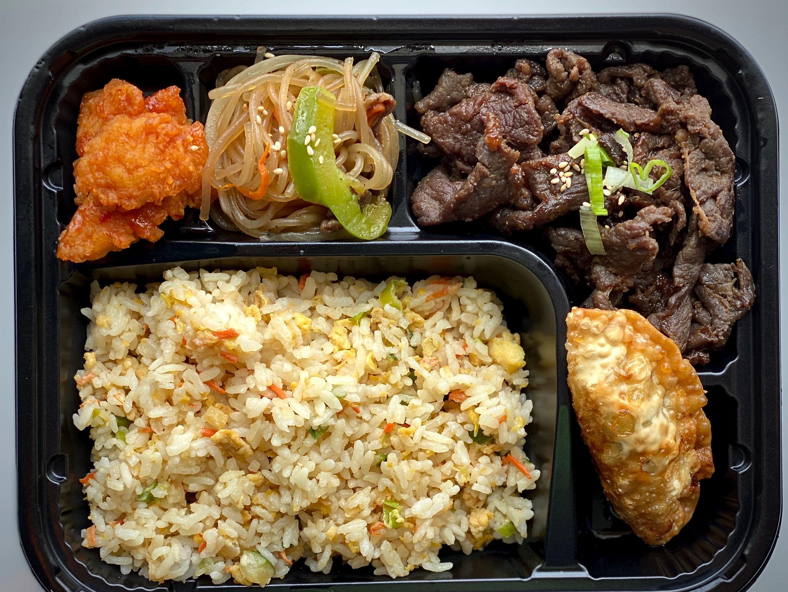 korean fried rice, mandu, bulgogi, glass noodle and chicken