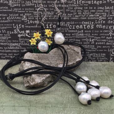black greek leather baroque pearl neclace rocks by chaz 