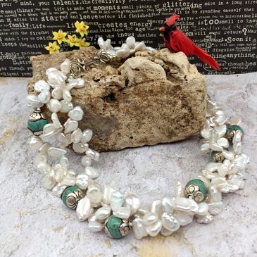 keshi pearls with tibetan turquose bead silver 3 strand necklace rocks by chaz