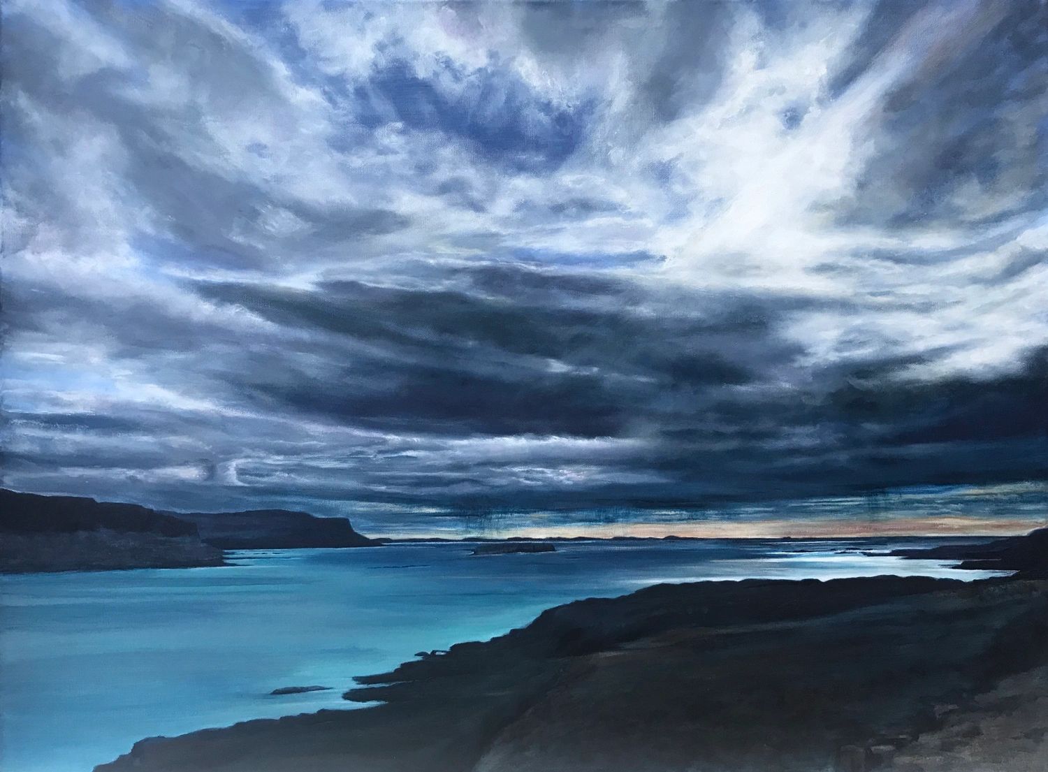 A view out to sea of distant rain from Mull with dramatic skies and turquoise water.