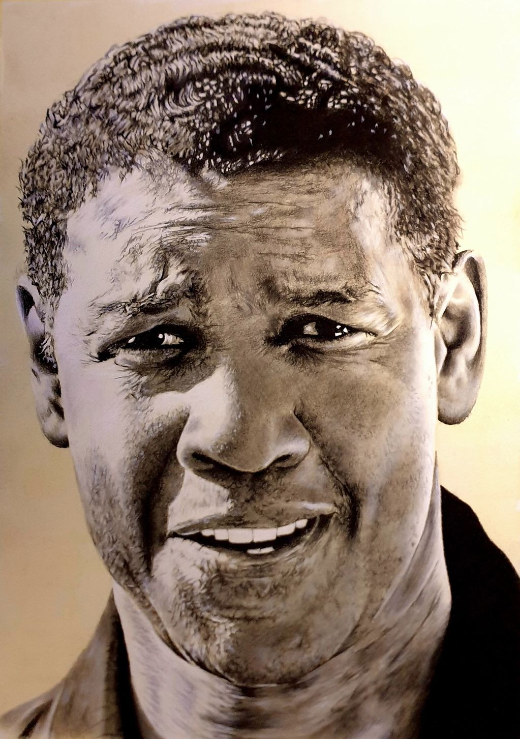 Denzel Washington drawn in charcoal.