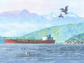 Freighter in English Bay painting
