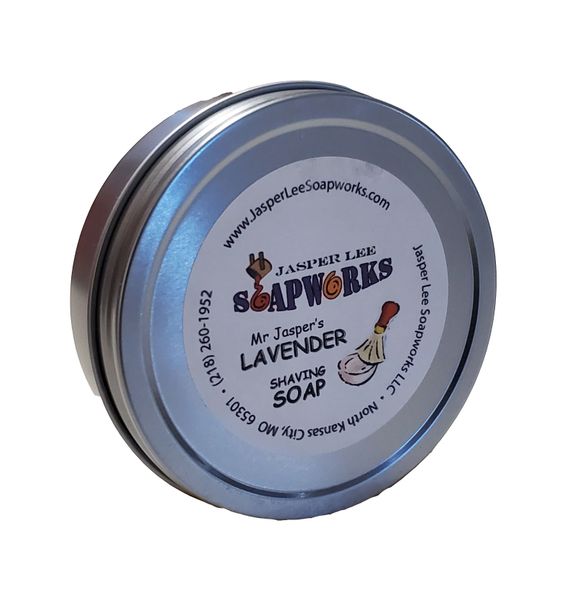 Lavender Shaving Soap in a tin Jasper Lee Soapworks LLC