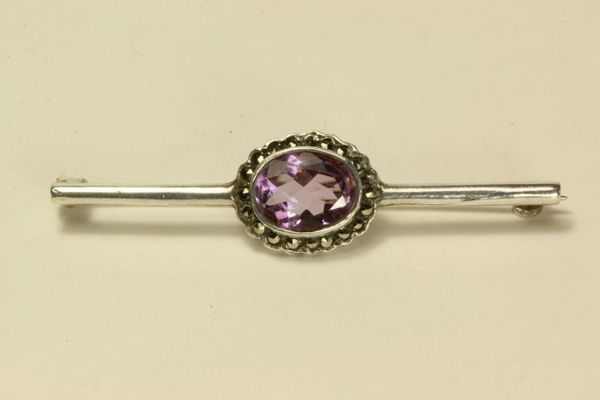 Silver amethyst and marcasite stock pin