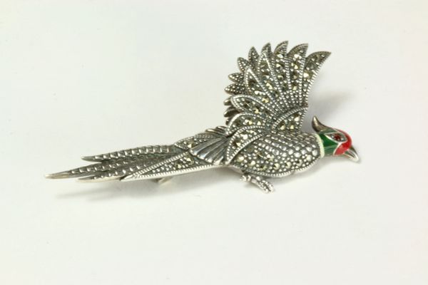 Silver enamel and marcasite pheasant pin