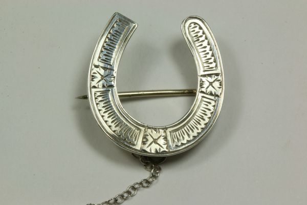 Silver horse shoe stock pin