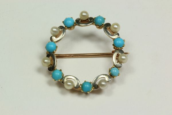 Gold seed pearl and turquoise stock pin