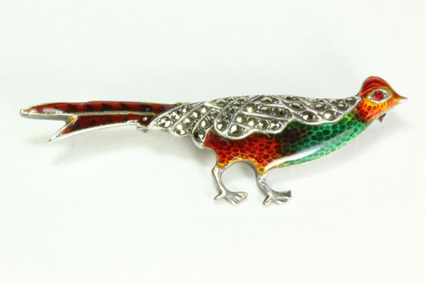 Silver marcasite and enamel Pheasant stock pin