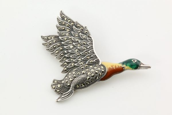 Silver marcasite and enamel duck