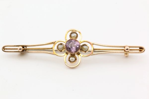 Gold amethyst and seed pearl stock pin