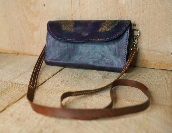 Small Purple Wallet Purse with hand drawn leave designs by Jacob of Seventh Wonder Leatherworks #127