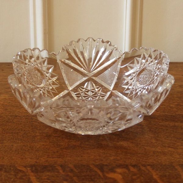 Antique Cut Crystal Bowl, Early American Brilliant, Clear Glass, Saw