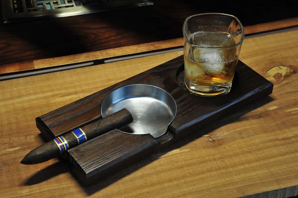 Cigar Ashtray Whiskey Glass Tray - Wood Ash Tray with Slot Hold