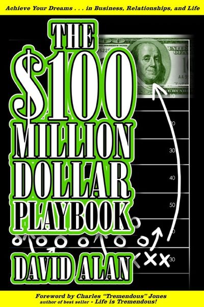 Book cover for The $100 Million Dollar Playbook. Black with yellow trim and Ben Franklin smiling