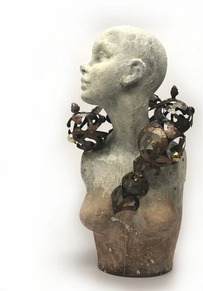 wearable sculpture, patinaed copper, bronze, and repurposed beads, 2019