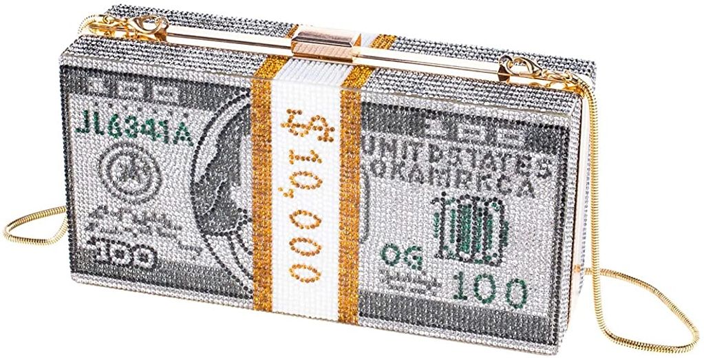 Money Clutch Rhinestone Purse 10000 Dollars Stack of Cash Evening Handbags Shoulder Wedding Dinner 