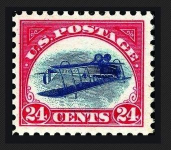 Vintage U.S. postage stamp featuring an inverted airplane design, valued at 24 cents.